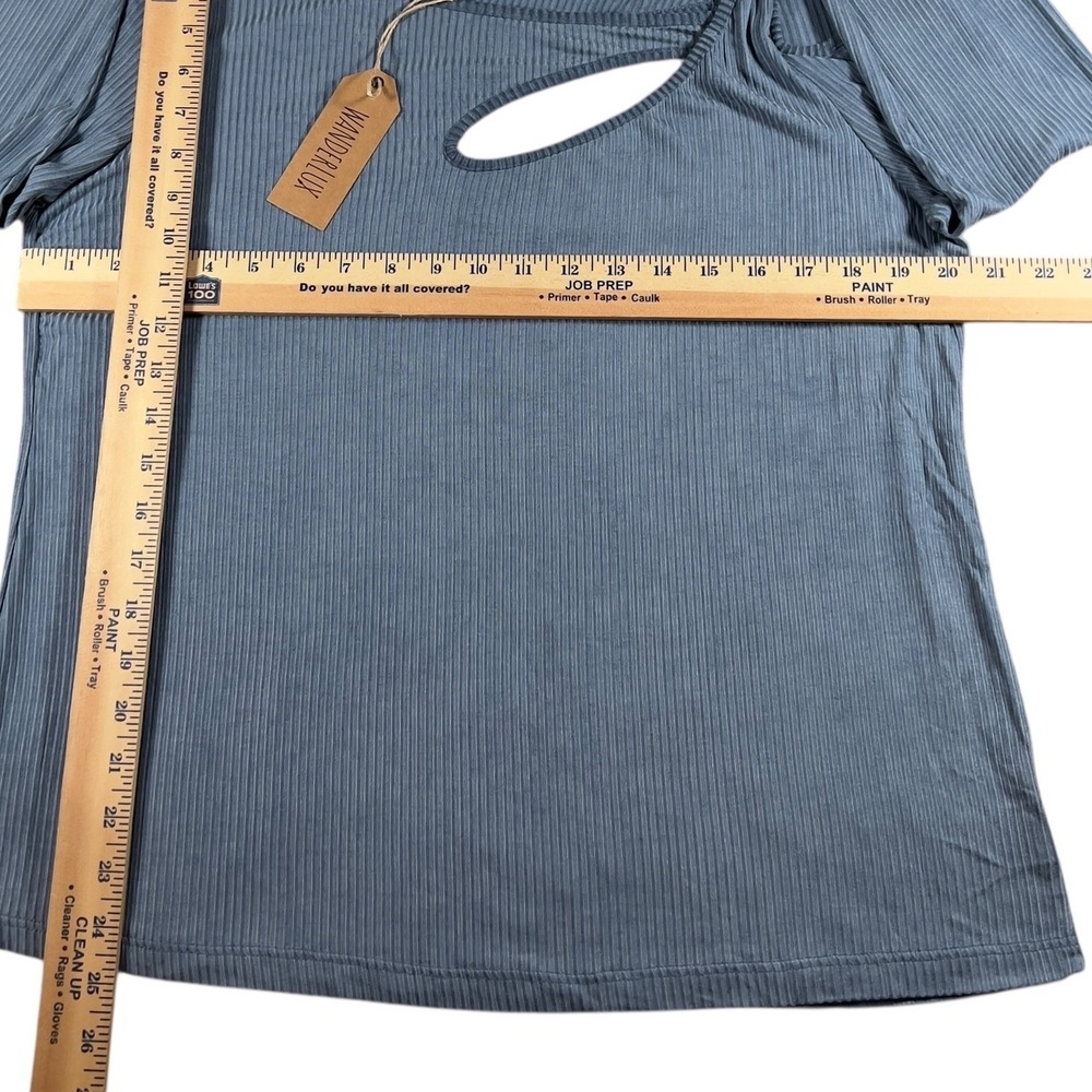 WanderLux Lyon‎ Long Sleeve Blue Ribbed Peek a Boo Key Hole Front XL Flirty Tee - Picture 6 of 7
